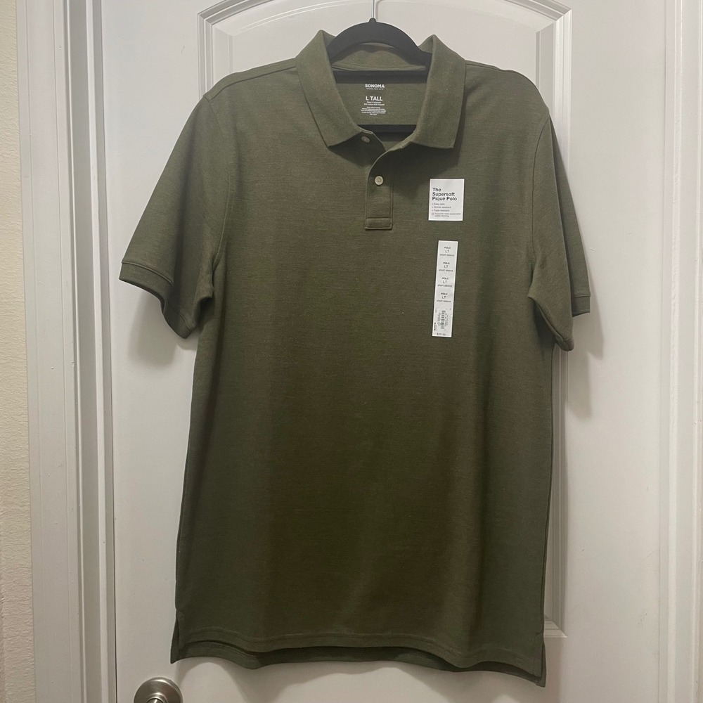 SONOMA Goods for Life Mens L TALL Olive Green Supersoft Pique Polo Shirt New
